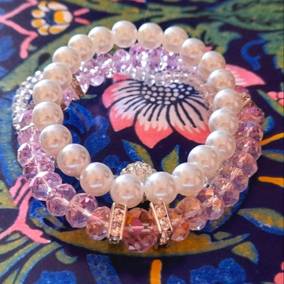 Set Of 3 Bracelts , Pearl, Crystal, - Picture 5 of 11